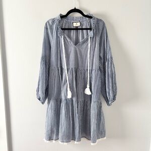 Tuckernuck Striped Tiered Mini Dress Long-Sleeve Tassels Notch Neck Blue